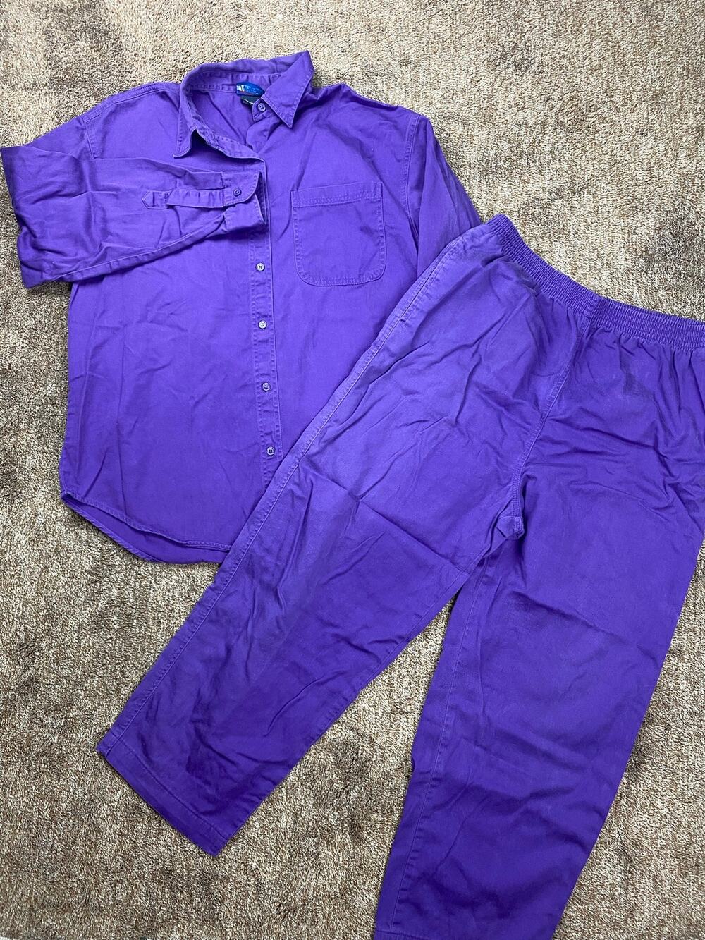 Vintage LasOLas Womens Large Purple 100% Cotton 2 Piece Shirt Pants Set Sun Fade